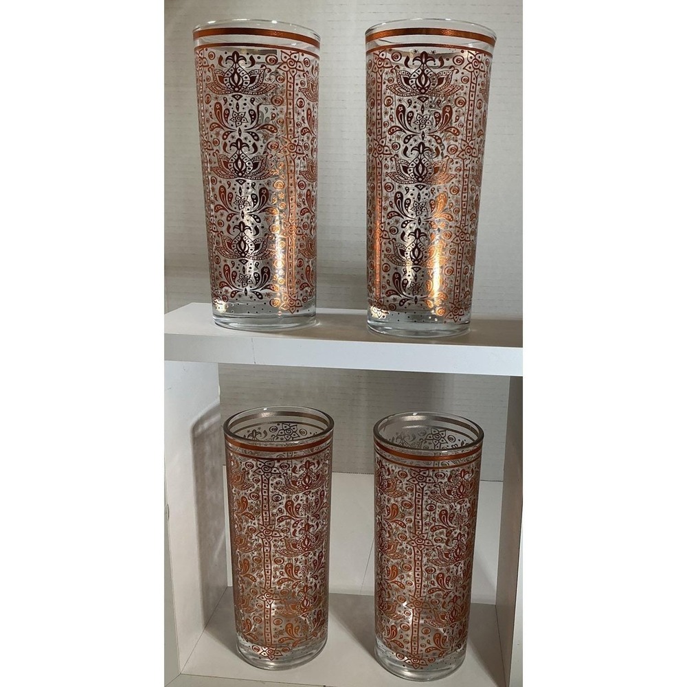 Vintage Moroccan Copper Filigree Highball Glasses Set of 4 Paisley Lotus Barware - Picture 2 of 11
